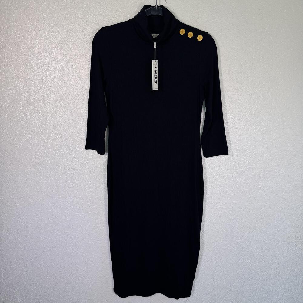 L'AGENCE Voletta Dress Womens Medium Black Turtleneck Sweater Bodycon Midi NEW